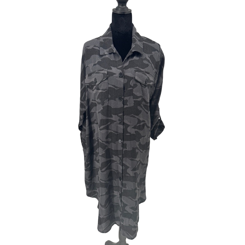 Torrid Shirt Dress Womens 1X Grey Good Camo Print Roll Tab High Low Rayon Blend